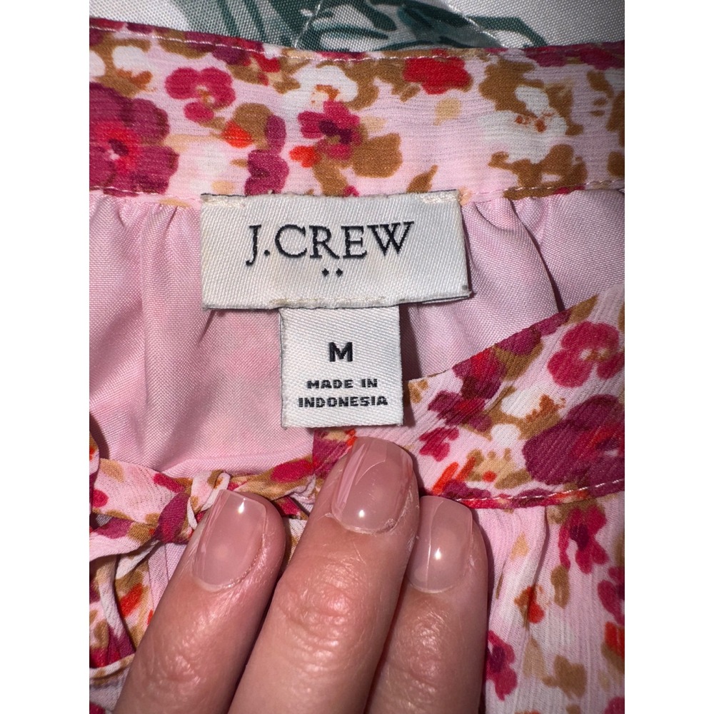 J. Crew Pink Floral Print Long Sleeve Tie Neck Tiered Dress Women's Size M - Picture 6 of 8